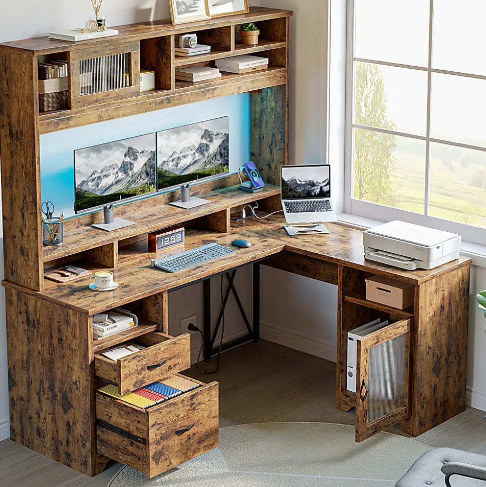 Bestier 63"W L-Shaped Ergonomic Corner Desk, Rustic Brown