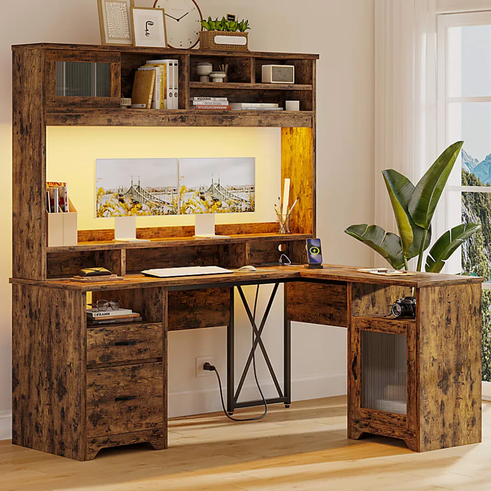 Bestier 63"W L-Shaped Ergonomic Corner Desk, Rustic Brown