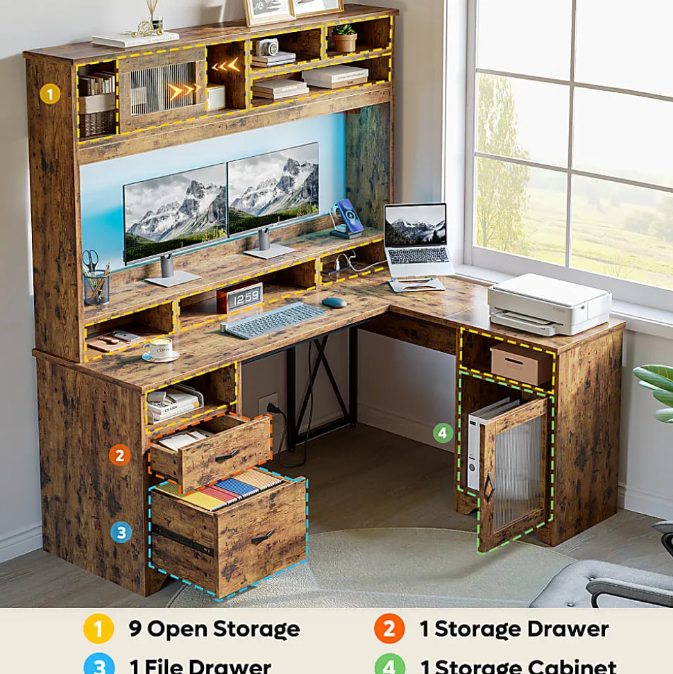 Bestier 63"W L-Shaped Ergonomic Corner Desk, Rustic Brown