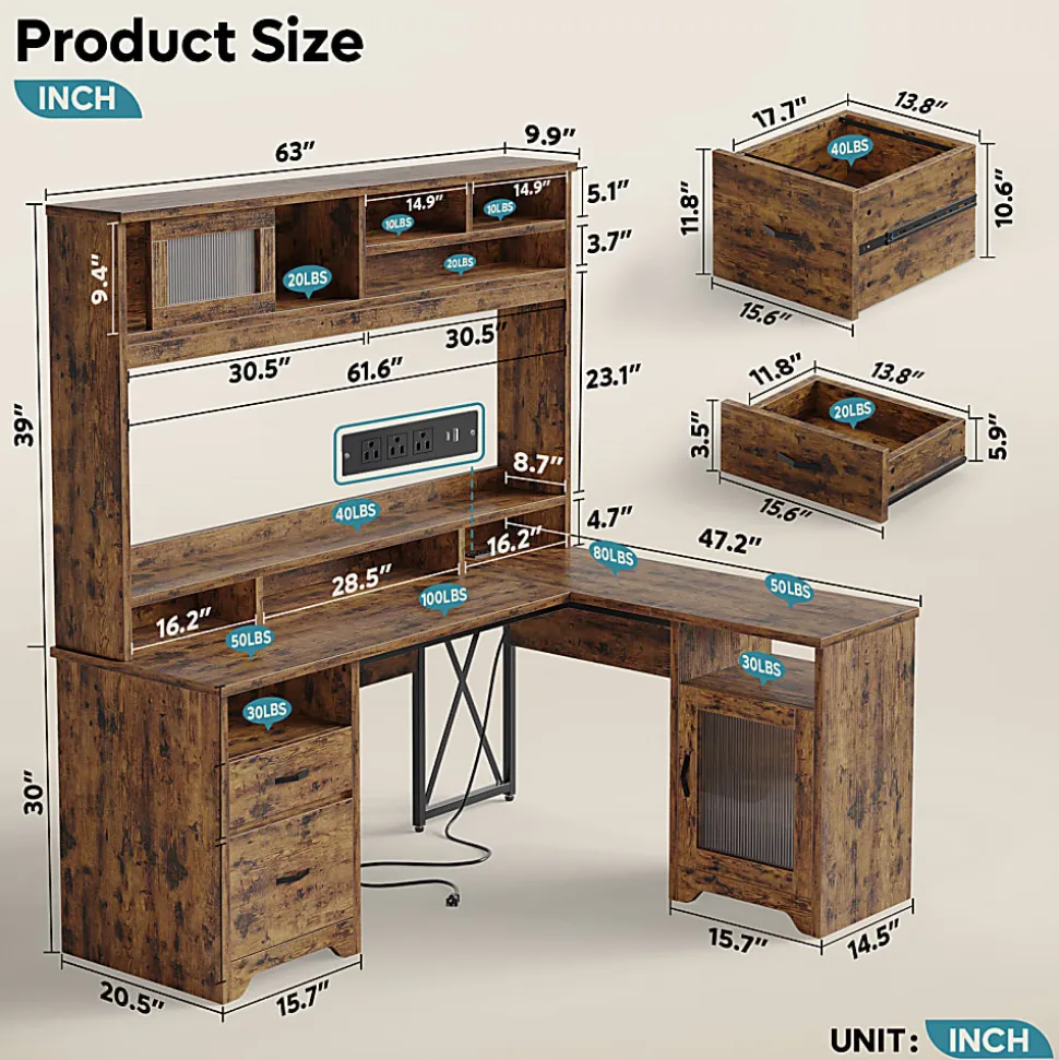 Bestier 63"W L-Shaped Ergonomic Corner Desk, Rustic Brown