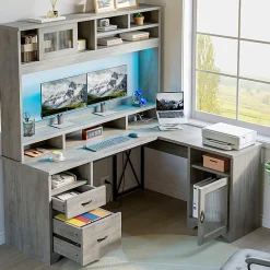 Bestier 63"W L-Shaped Ergonomic Corner Desk, Gray