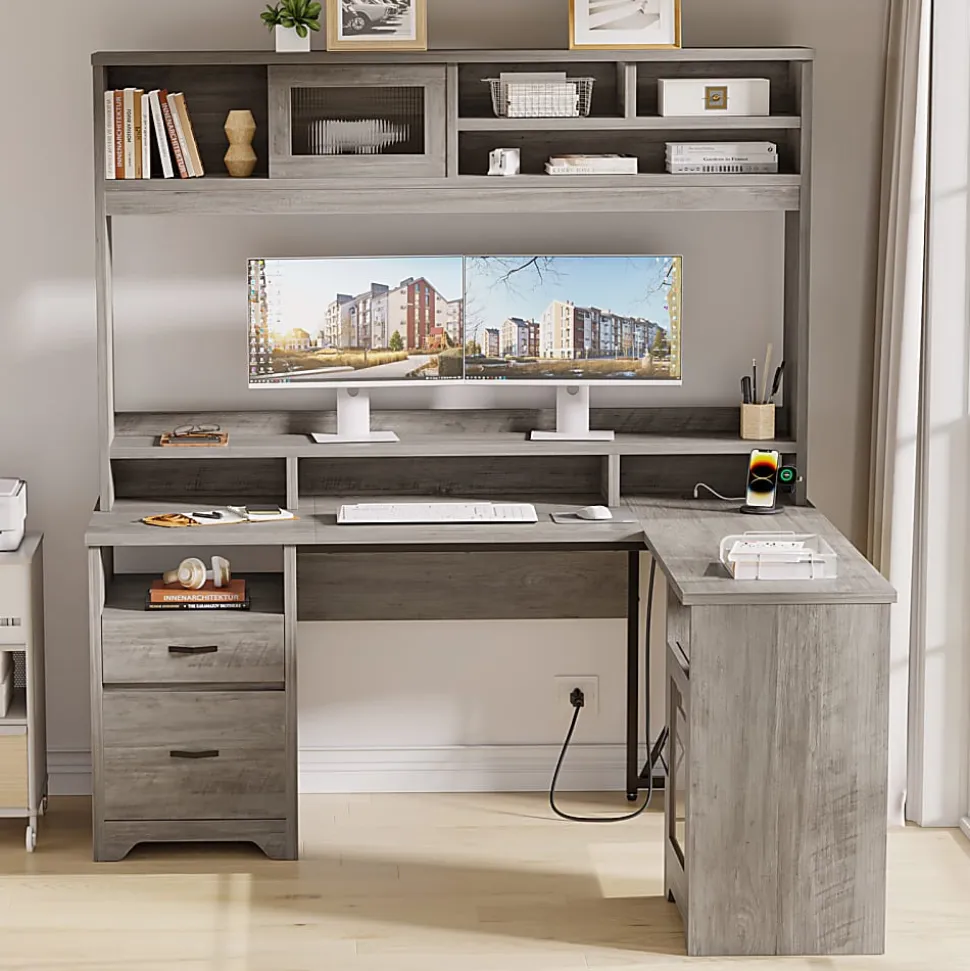 Bestier 63"W L-Shaped Ergonomic Corner Desk, Gray