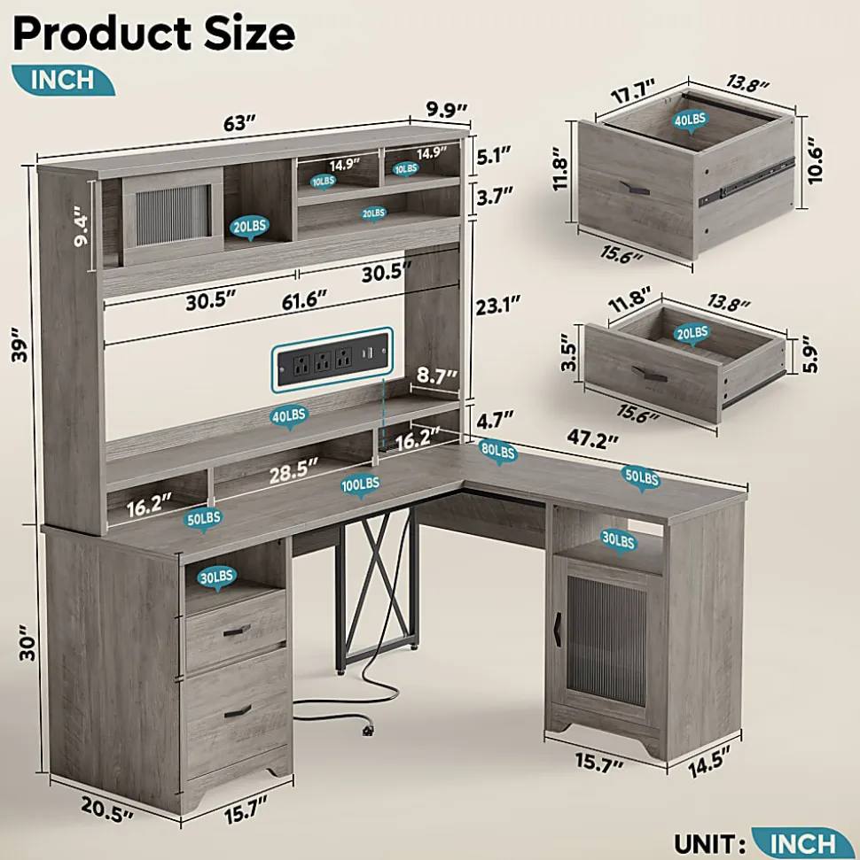 Bestier 63"W L-Shaped Ergonomic Corner Desk, Gray