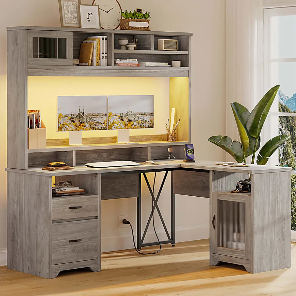 Bestier 63"W L-Shaped Ergonomic Corner Desk, Gray
