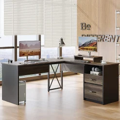 Bestier 56"W L-Shaped Standing Computer Desk With Drawers & Monitor Stand, Dark Retro Gray Oak