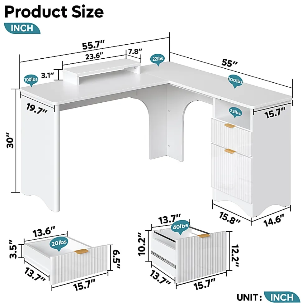 Bestier 56"W Modern L-Shaped Corner Computer Desk With Filing Drawer, White