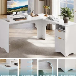 Bestier 56"W Modern L-Shaped Corner Computer Desk With Filing Drawer, White