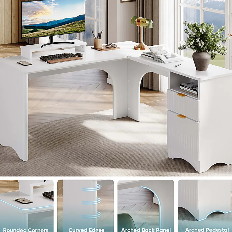 Bestier 56"W Modern L-Shaped Corner Computer Desk With Filing Drawer, White