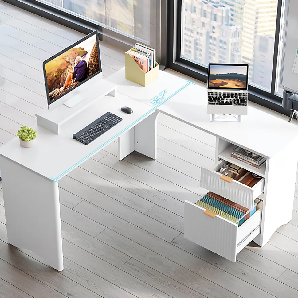 Bestier 56"W Modern L-Shaped Corner Computer Desk With Filing Drawer, White