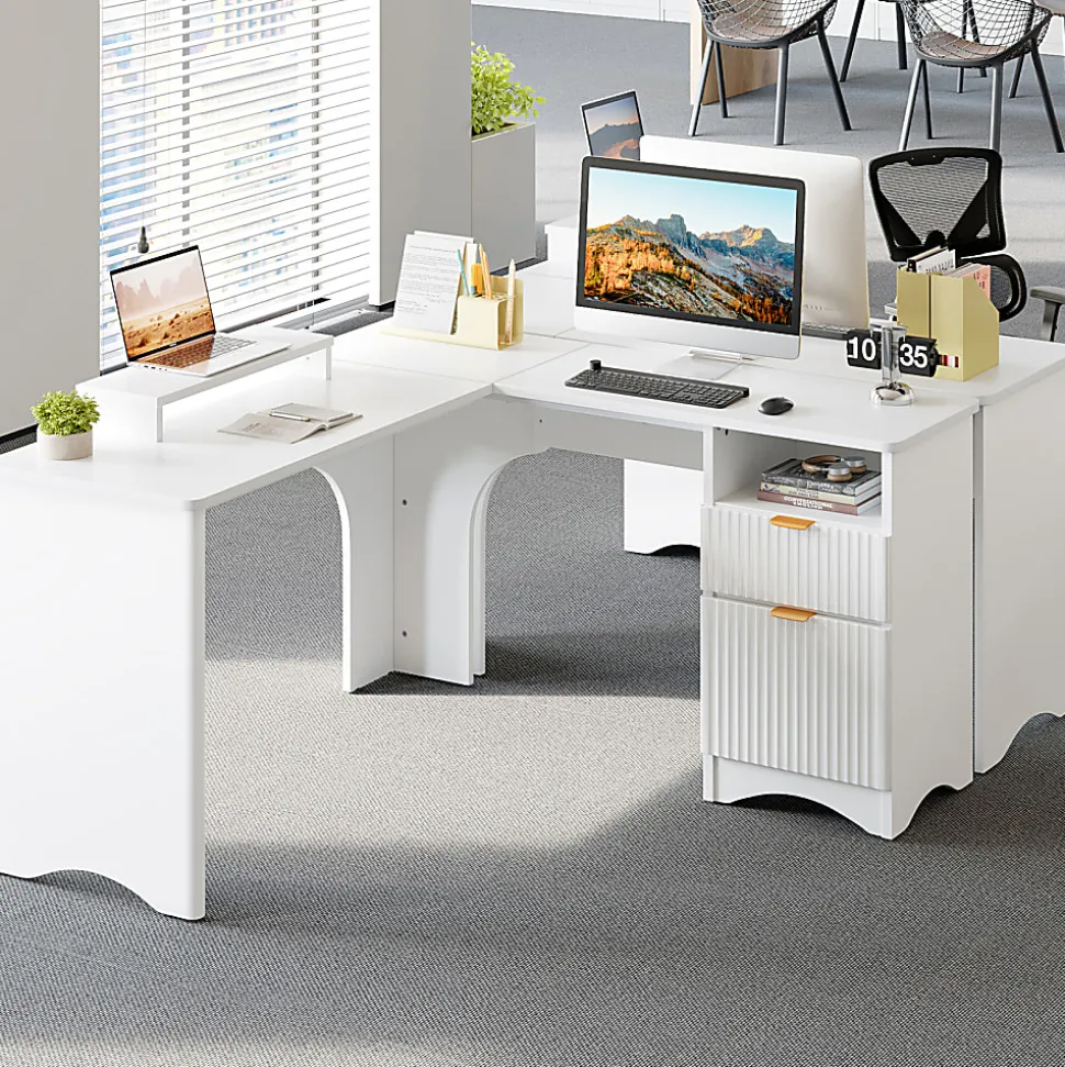 Bestier 56"W Modern L-Shaped Corner Computer Desk With Filing Drawer, White