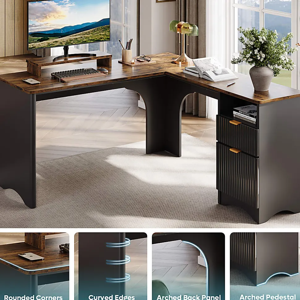 Bestier 56"W Modern L-Shaped Corner Computer Desk With Filing Drawer, Black/Rustic Brown