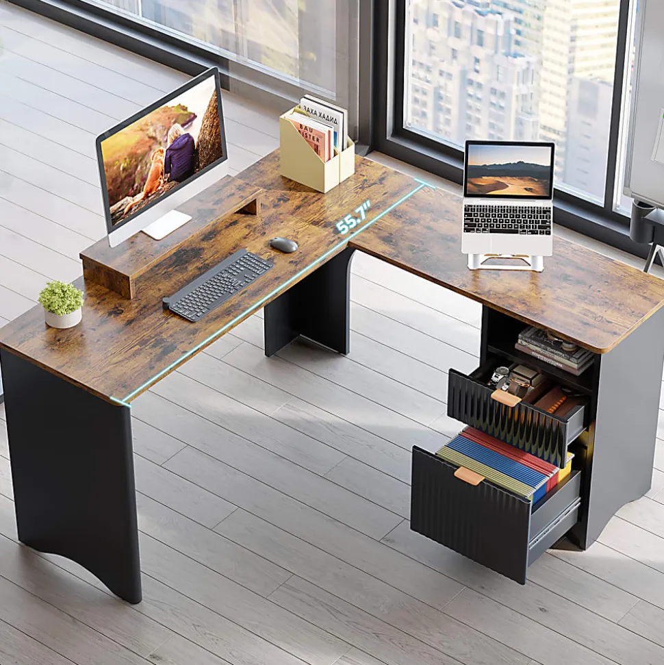 Bestier 56"W Modern L-Shaped Corner Computer Desk With Filing Drawer, Black/Rustic Brown