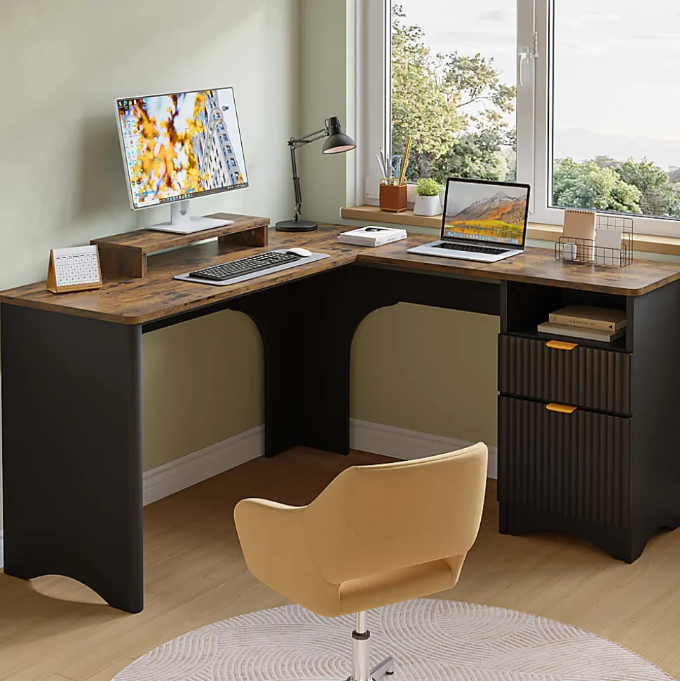 Bestier 56"W Modern L-Shaped Corner Computer Desk With Filing Drawer, Black/Rustic Brown