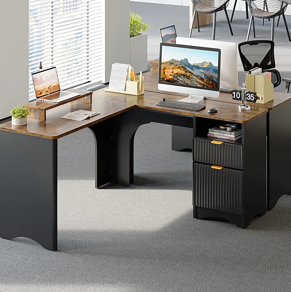 Bestier 56"W Modern L-Shaped Corner Computer Desk With Filing Drawer, Black/Rustic Brown