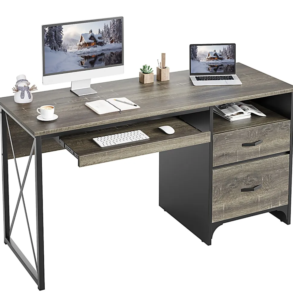 Bestier 56"W Office Desk With Drawers & Tray, Retro Gray Oak Dark