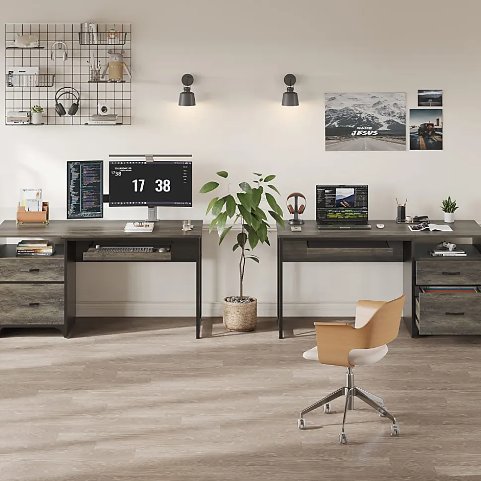 Bestier 56"W Office Desk With Drawers & Tray, Retro Gray Oak Dark