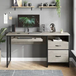 Bestier 56"W Office Desk With Drawers & Tray, Retro Gray Oak Light
