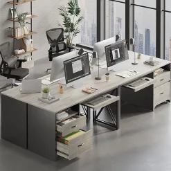 Bestier 56"W Office Desk With Drawers & Tray, Retro Gray Oak Light