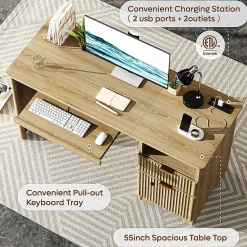 Bestier 55" Wood Computer Desk with Smart Lock Drawer, Keyboard Tray & Power Outlet,Natural Oak