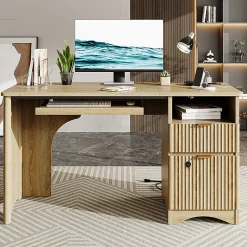 Bestier 55" Wood Computer Desk with Smart Lock Drawer, Keyboard Tray & Power Outlet,Natural Oak