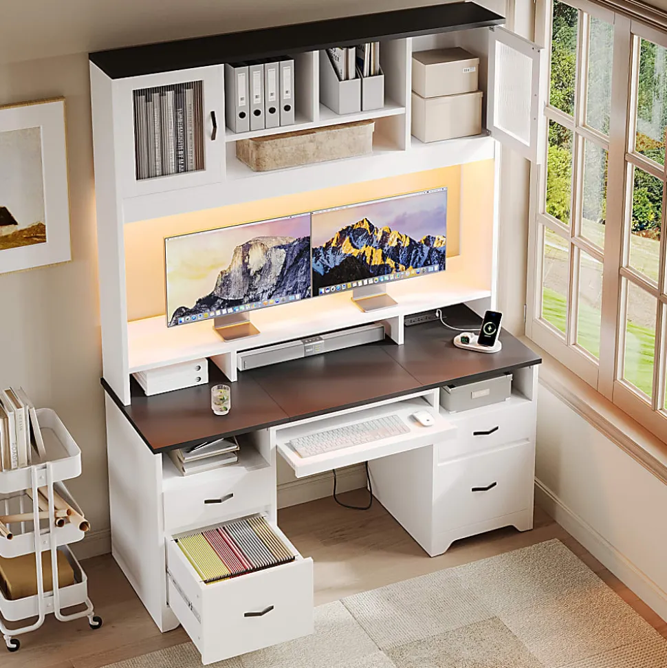 Bestier 59"W Rectangular Executive Ergonomic Computer Desk, Black/White