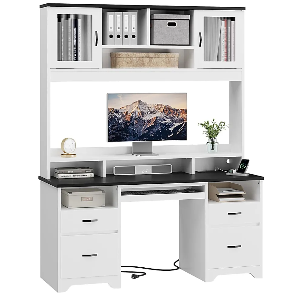 Bestier 59"W Rectangular Executive Ergonomic Computer Desk, Black/White