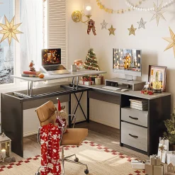 Bestier 56"W Standing Desk With Drawers & Monitor Stand, Light Retro Gray Oak
