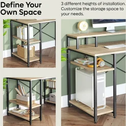 Bestier 56"W Student Desk With Monitor Stand & Storage Shelf, Light Oak