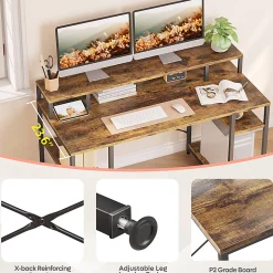 Bestier 56"W Student Desk With Monitor Stand & Storage Shelf, Rustic Brown