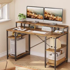 Bestier 56"W Student Desk With Monitor Stand & Storage Shelf, Rustic Brown