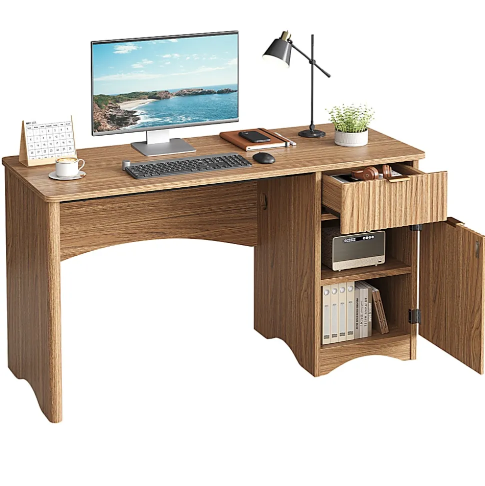 Bestier 48"W Writing Computer Desk With Drawer And Adjustable Storage Cabinet, Dark Brown