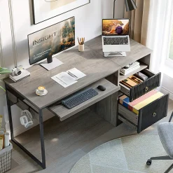 Bestier 56"W Writing Computer Desk With Storage And Keyboard Tray, Gray