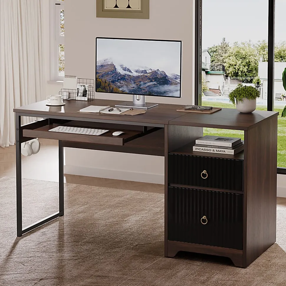Bestier 56"W Writing Computer Desk With Storage And Keyboard Tray, Walnut