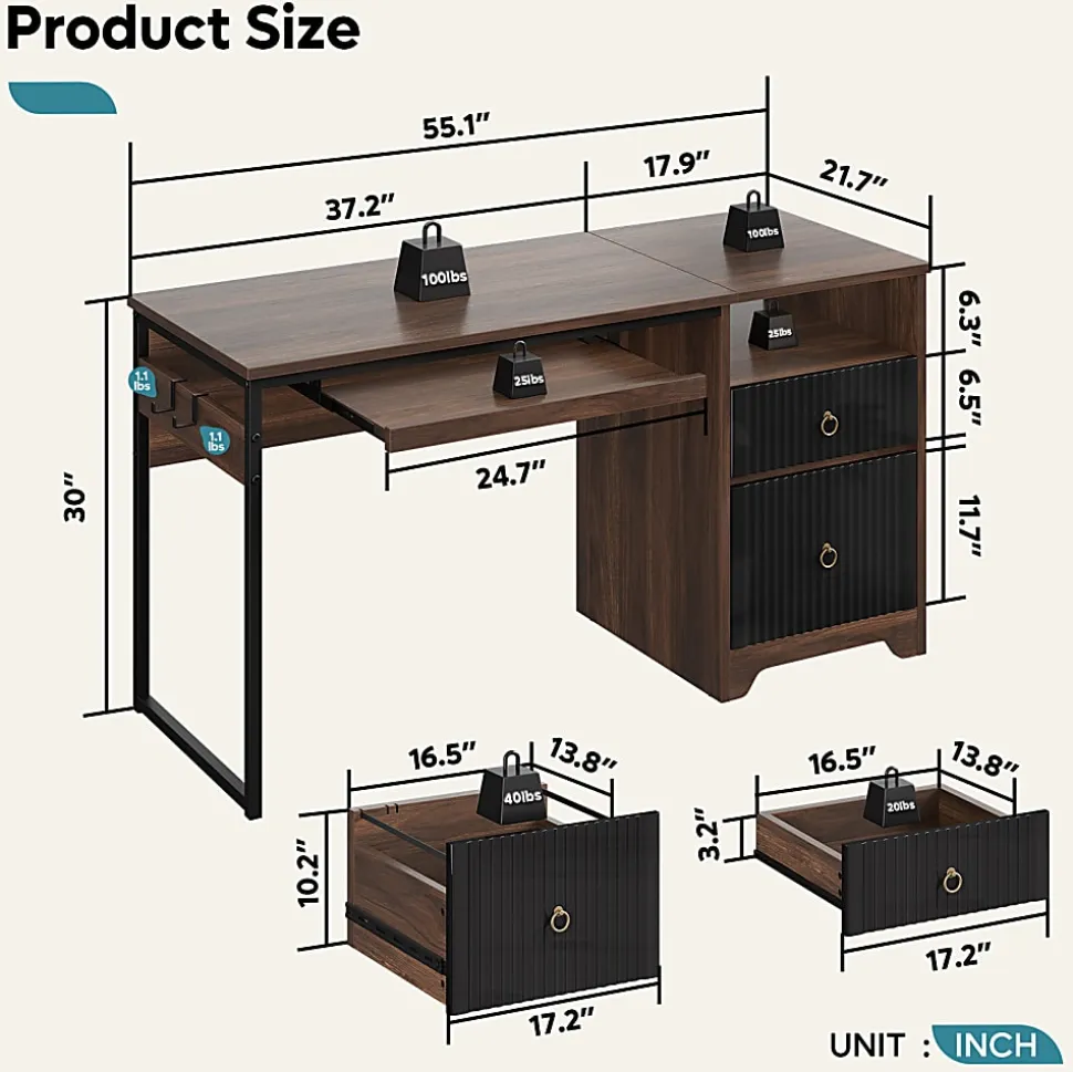 Bestier 56"W Writing Computer Desk With Storage And Keyboard Tray, Walnut