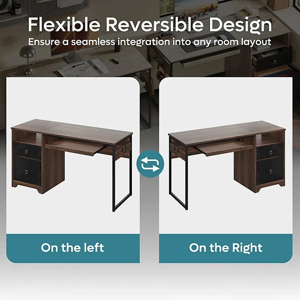 Bestier 56"W Writing Computer Desk With Storage And Keyboard Tray, Walnut