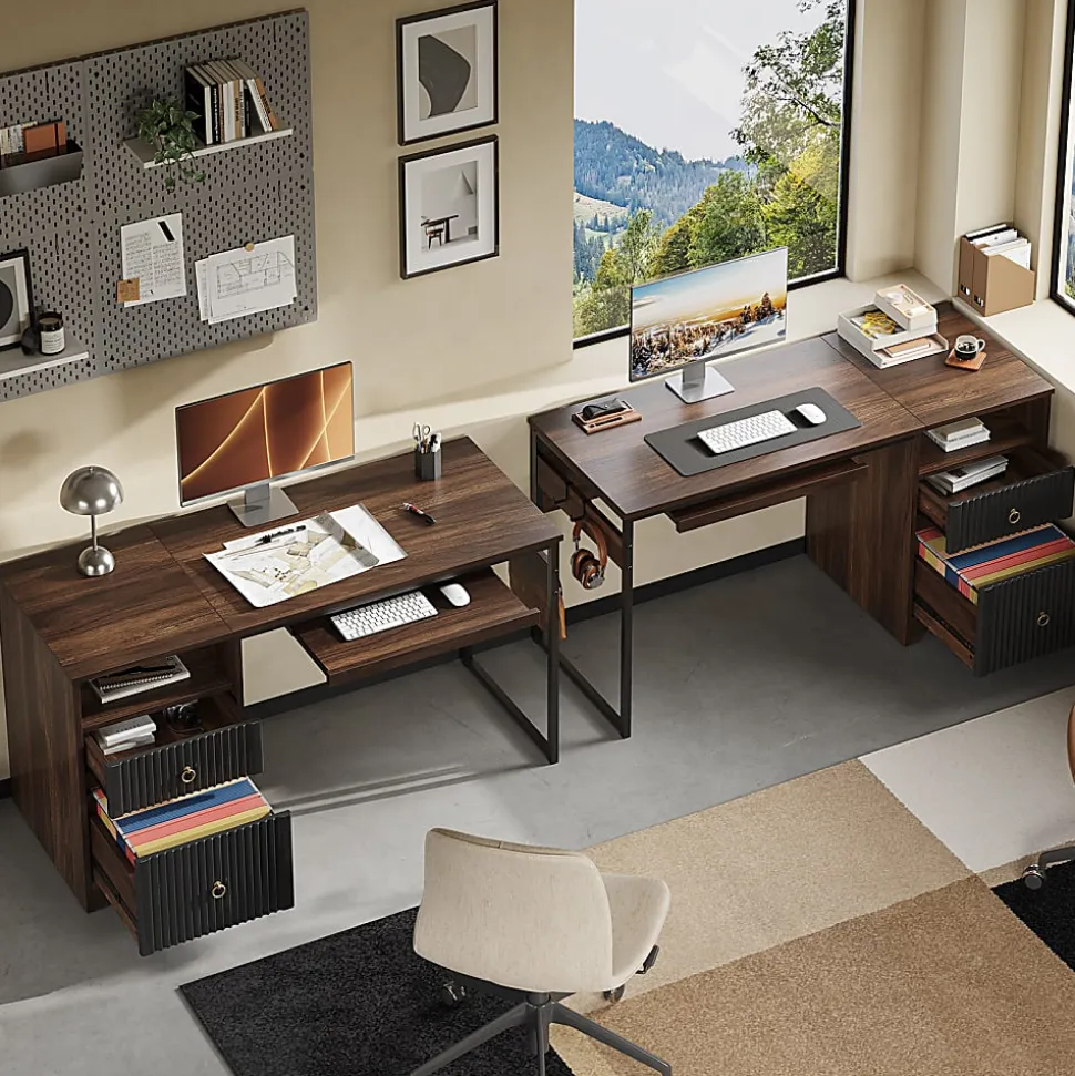 Bestier 56"W Writing Computer Desk With Storage And Keyboard Tray, Walnut