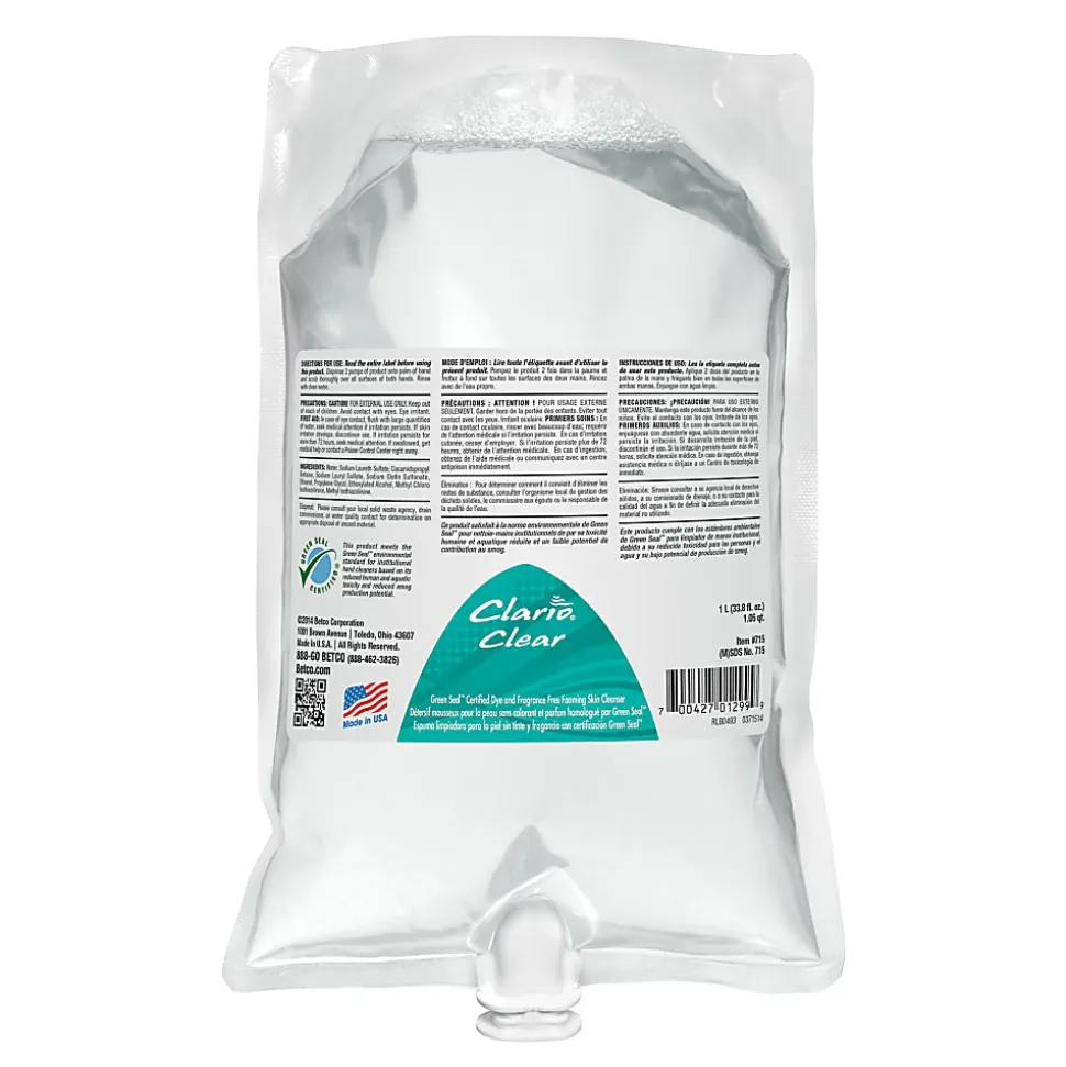 Betco® Clario® Clear Foaming Skin Cleanser, 1,000 mL, Case Of 6