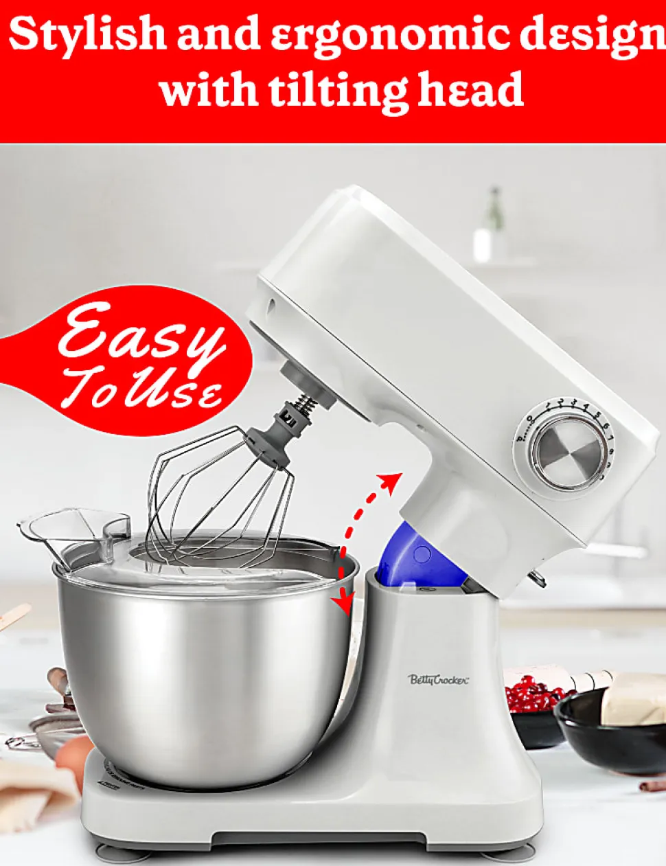 Betty Crocker 3.7-Quart Electric Stand Mixer With 10 Speeds, 12-5/8”H x 14”W x 8”D, White
