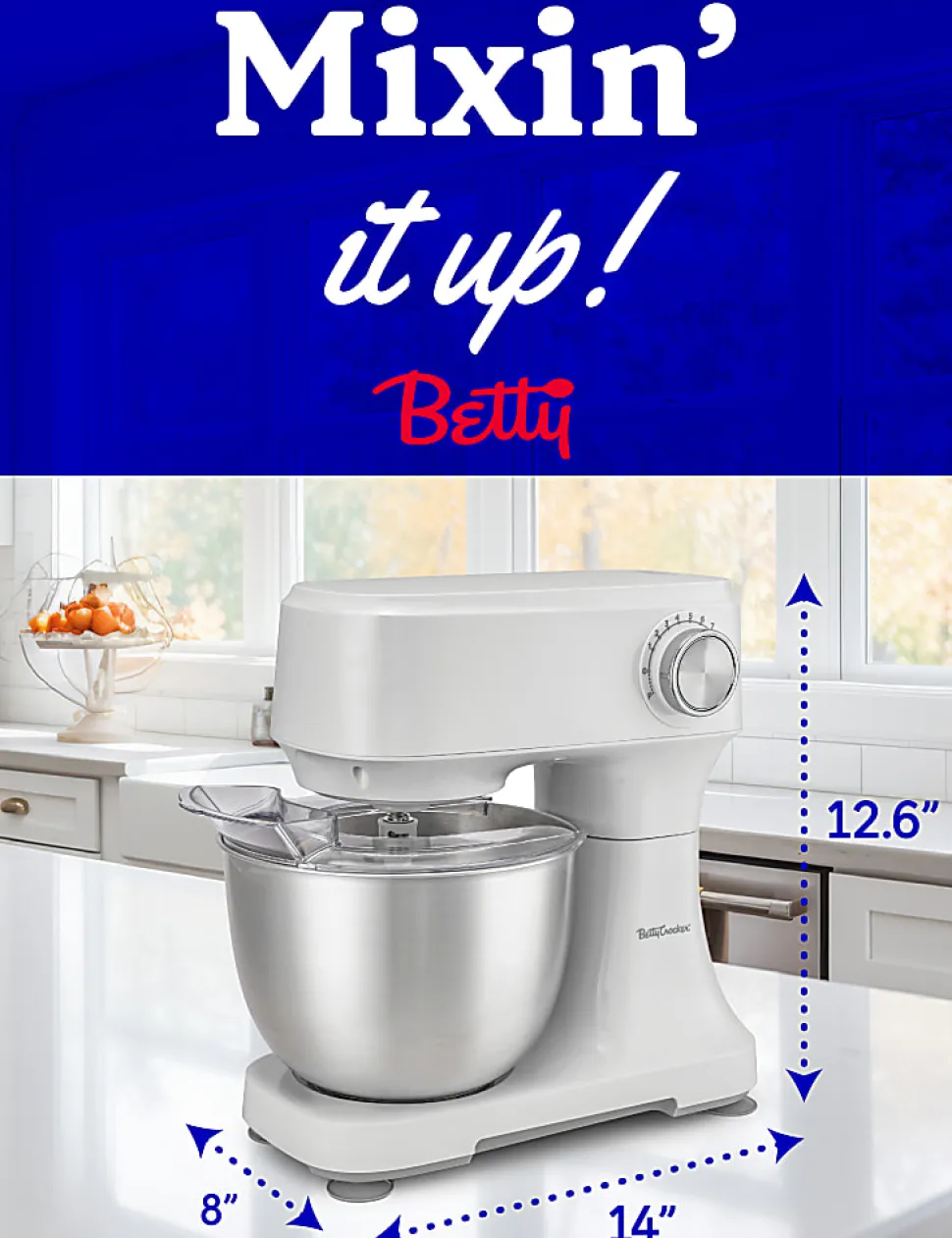 Betty Crocker 3.7-Quart Electric Stand Mixer With 10 Speeds, 12-5/8”H x 14”W x 8”D, White