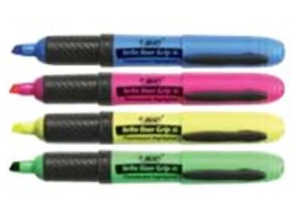 BIC Brite Liner Grip Highlighters, Chisel Tip, Assorted Colors, Pack Of 4 Highlighters