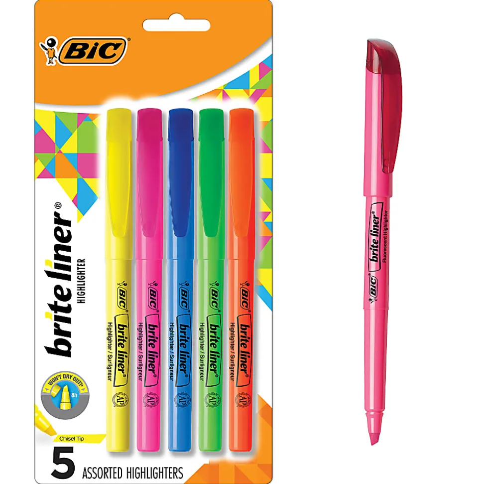 BIC Brite Liner Highlighters Pocket Style, Chisel Point, Assorted, 5-Pack