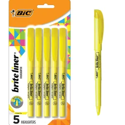 BIC Brite Liner Highlighters, Chisel Point, Yellow, Pack Of 5 Highlighters