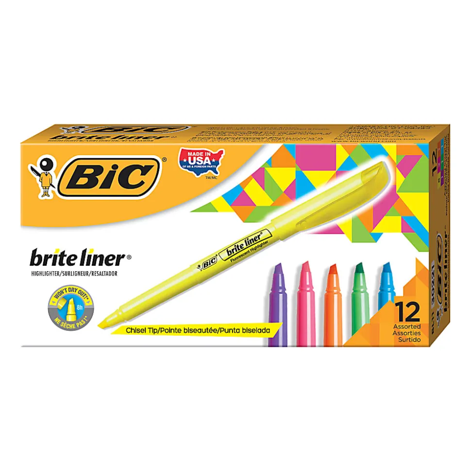 BIC Brite Liner Highlighters, Pocket Style, Chisel Tip, Assorted Colors, Box Of 12