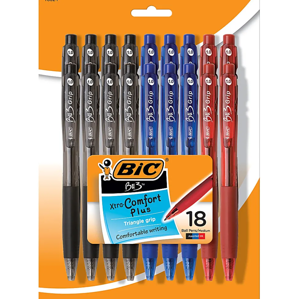 BIC BU3 Grip Retractable Ball Pens, Medium Point, 1.0 mm, Clear Barrel, Assorted Ink Colors, Pack Of 18 Pens