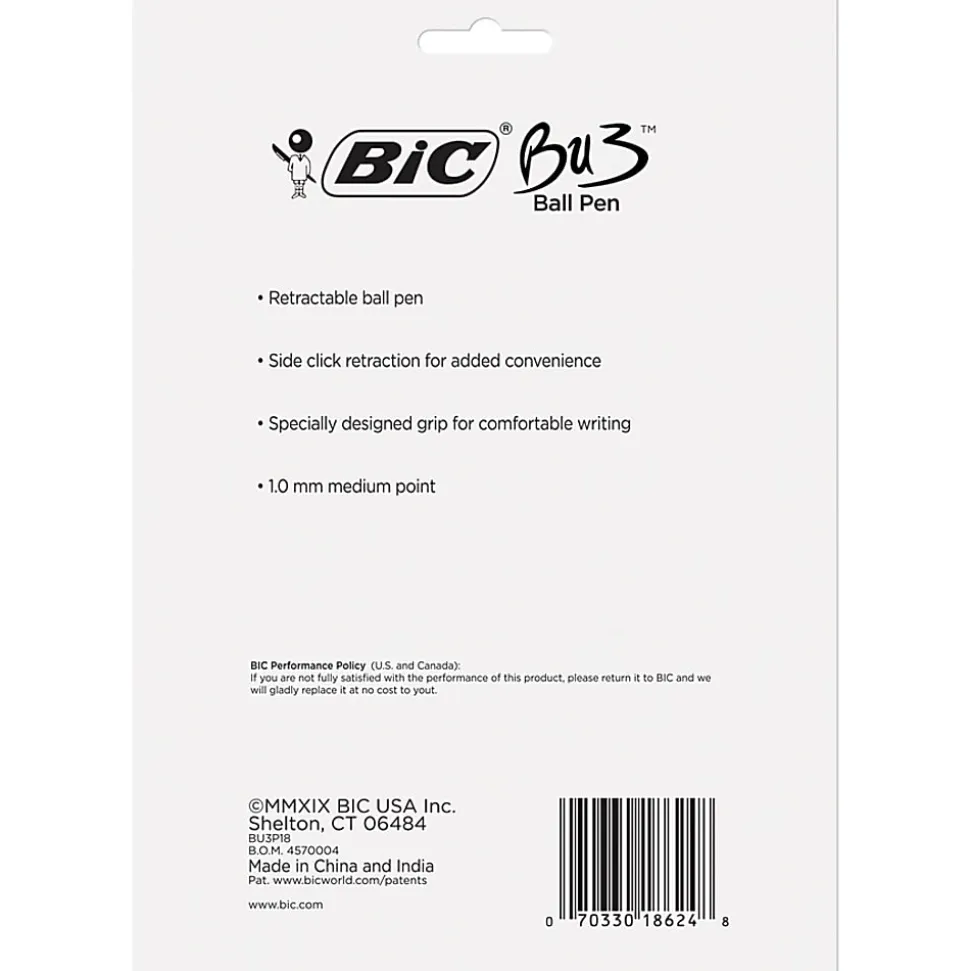 BIC BU3 Grip Retractable Ball Pens, Medium Point, 1.0 mm, Clear Barrel, Assorted Ink Colors, Pack Of 18 Pens