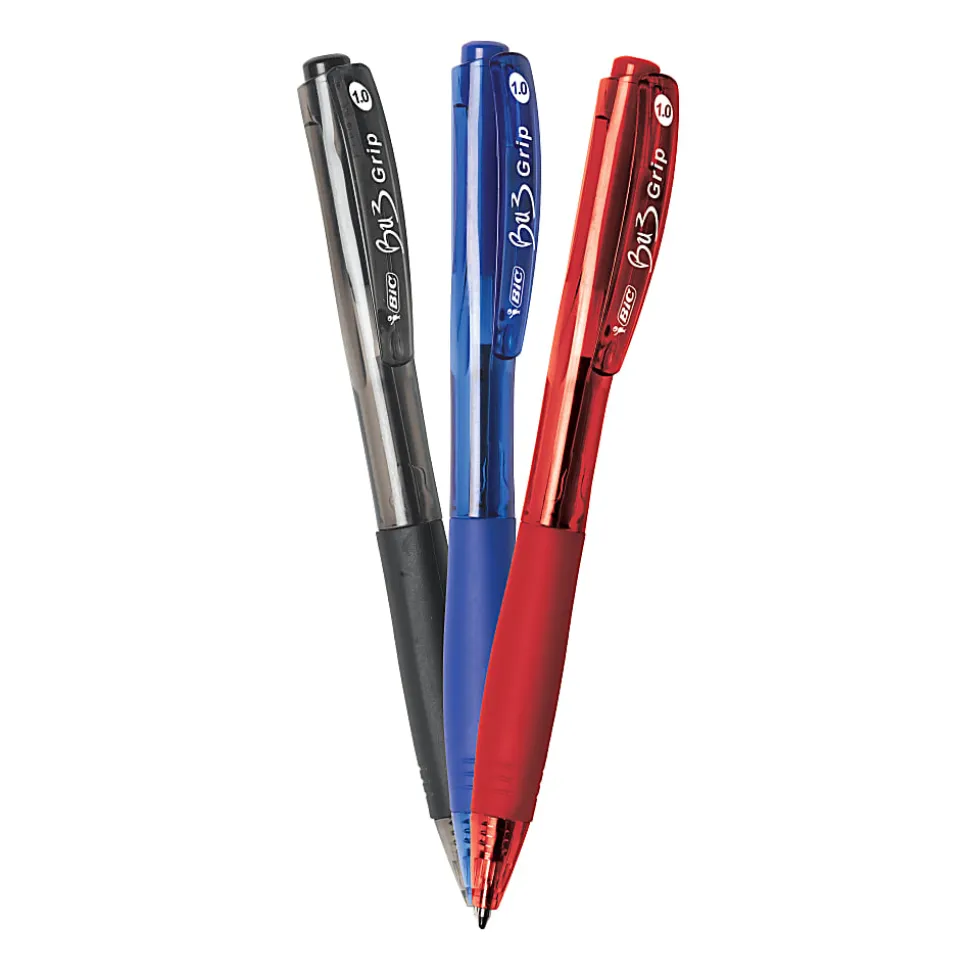 BIC BU3 Grip Retractable Ball Pens, Medium Point, 1.0 mm, Clear Barrel, Assorted Ink Colors, Pack Of 18 Pens