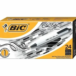 BIC Clic Stic Retractable Ballpoint Pens, Medium Point, 1.0 mm, White Barrel, Black Ink, Pack Of 24