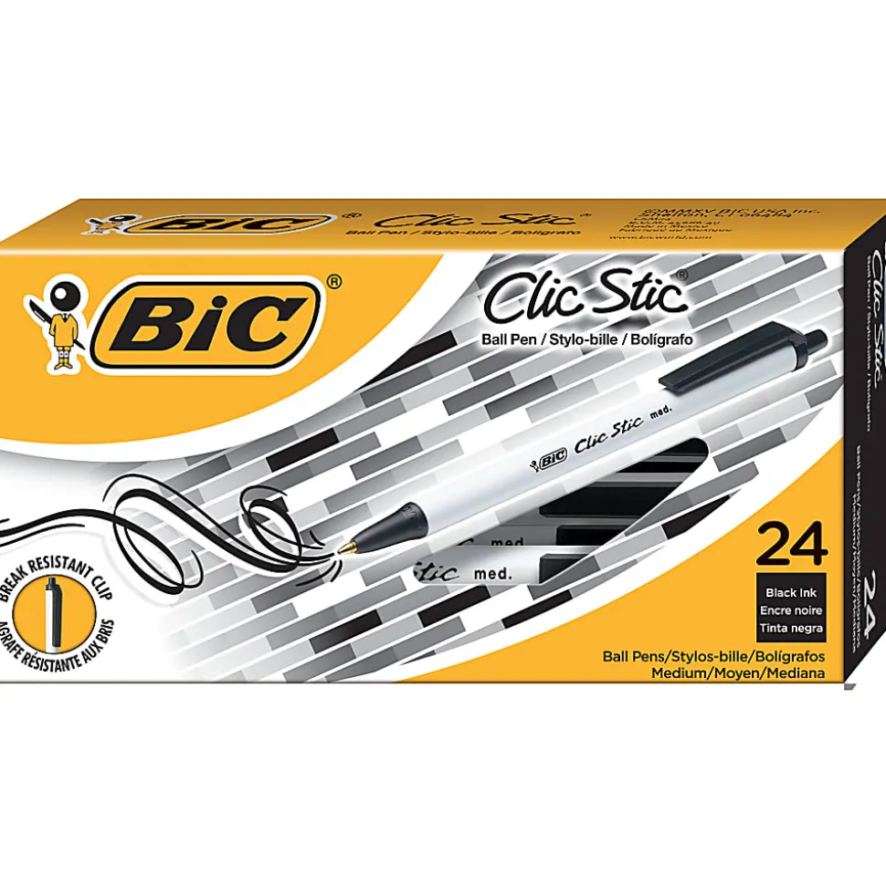 BIC Clic Stic Retractable Ballpoint Pens, Medium Point, 1.0 mm, White Barrel, Black Ink, Pack Of 24