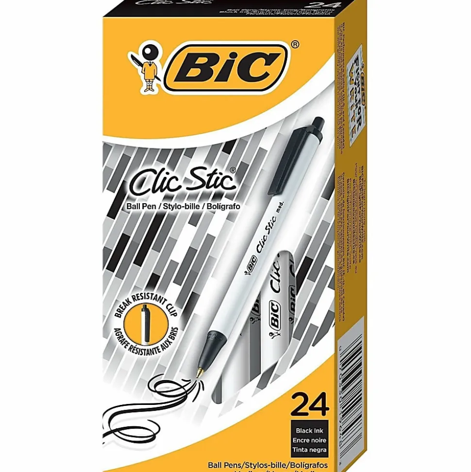 BIC Clic Stic Retractable Ballpoint Pens, Medium Point, 1.0 mm, White Barrel, Black Ink, Pack Of 24