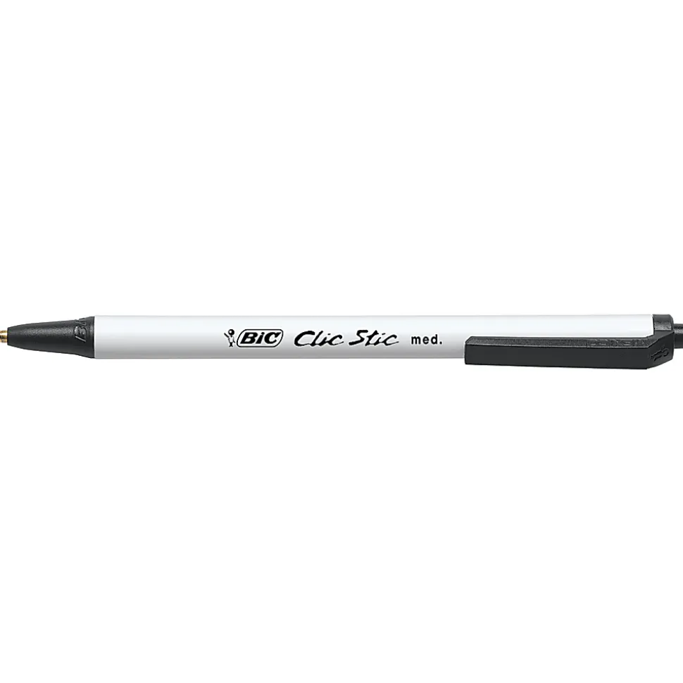BIC Clic Stic Retractable Ballpoint Pens, Medium Point, 1.0 mm, White Barrel, Black Ink, Pack Of 24